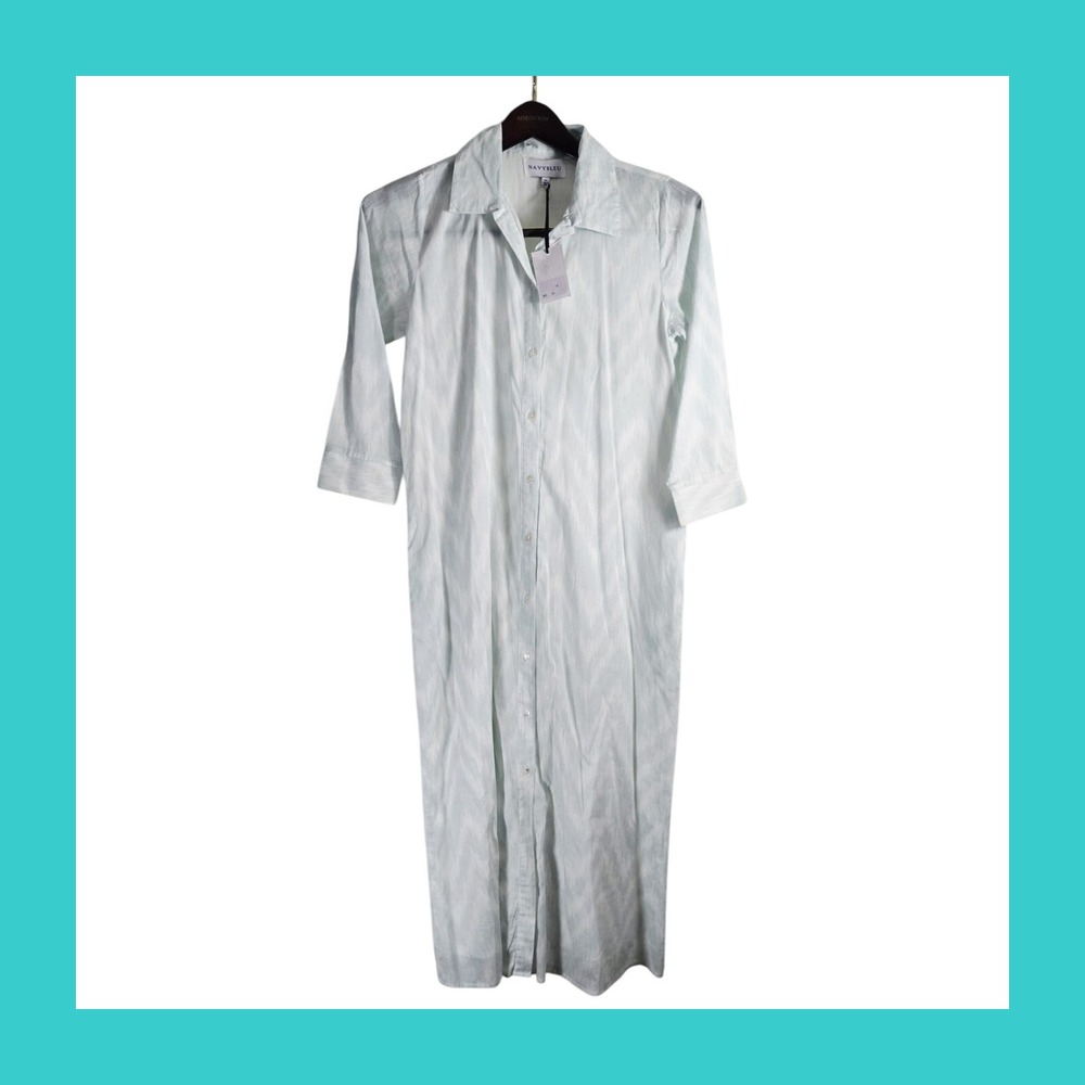 NavyBleu XS Blue And White Sara Full Length‎ Button Up Dress With 3/4 Sleeves